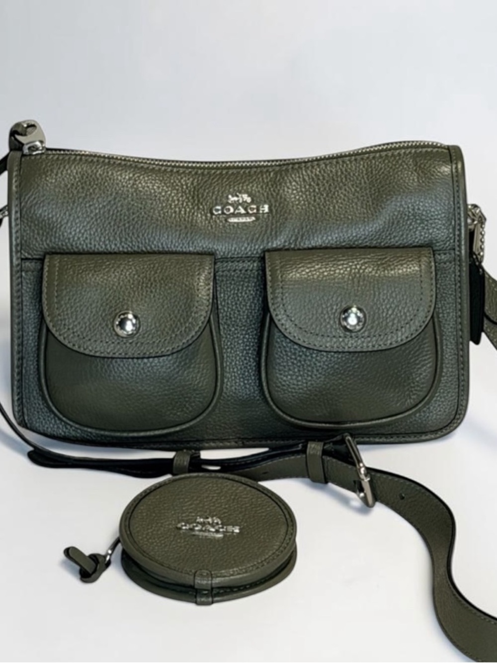 COACH Olive Green Leather Crossbody Bag & Coin Case - Picture 2 of 16
